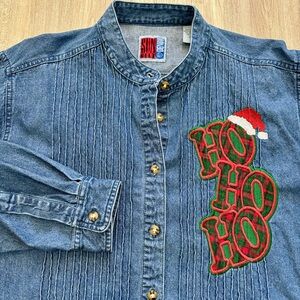 Holiday Denim Shirt XL‎ Sunbelt Christmas Embroidered Ho Ho Ho VTG Festive Top